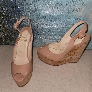 CHRISTIAN LOUBOUTIN NUDE Open Toe Slingback Cork Wegde 36.5